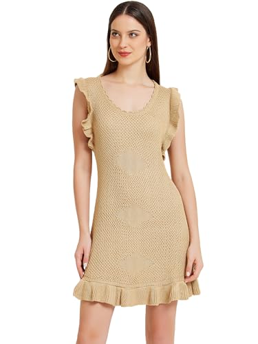 Allegra K Vestido Casual de Punto para Mujer con Volantes y Cuello Redondo Vestido de Manga Corta Caqui S