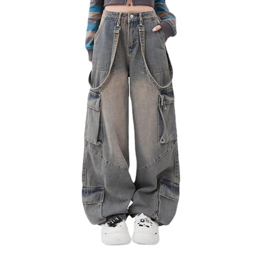 Gothic Women's Pants Street Trend Loose Multi Pocket Stitching Casual Straight Leg Wide Leg Washed Denim Vintage