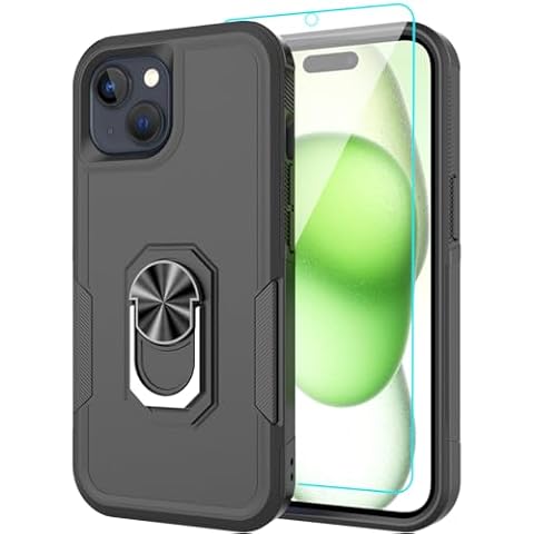 LEXNEC Designed for Apple iPhone 15 Plus Case with Tempered Glass Screen Protector,Heavy-Duty Tough Rugged Phone Case Cover with Ring Holder Kickstand for iPhone 15 Plus 5G (6.7", 2023) [Black] Cover