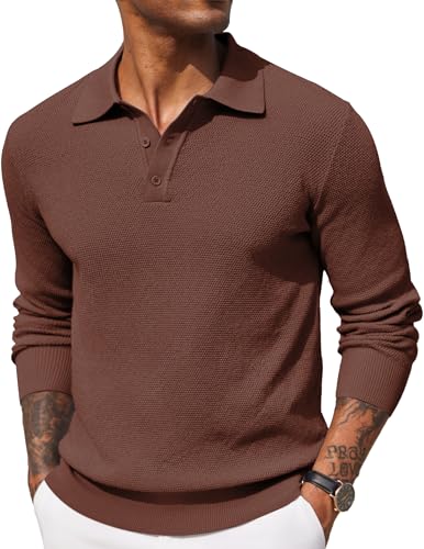 COOFANDY Mens Knit Polo Shirts Long Sleeve Casual Polo Sweaters Shirt Waffle Textured Collared Sweater