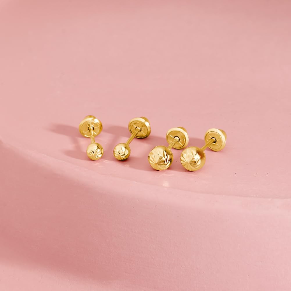 14K Yellow Gold Young Girl's Round Diamond Cut Ball Screw Back Earring Studs for Young Girls & Preteens - Cute Ball Earrings with Safety Screw Back Locking for Children