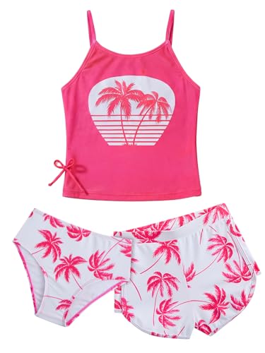 JiAmy Girls 3 Piece Tankini Bikini Set Teenage Girls Swimsuit with Cover Up Summer Beach Swimming Costume for 130,Rose RED