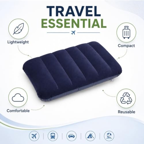 Image of Rubberized Cotton Small Squared Travel Flocked Fabric Air Pillow, Compact, Comfortable and Inflatable, Used for Neck & Lumbar Support, Camping and Hiking, Blue Color, (Pack of 1)