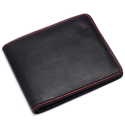 Black Top Grain | Bifold Leather Wallet | with Red Border for Men | Extra Capacity Bifold Wallet with 12 credit card Slots, 2 Multipurpose pocket, | Ultra Strong Stitching3