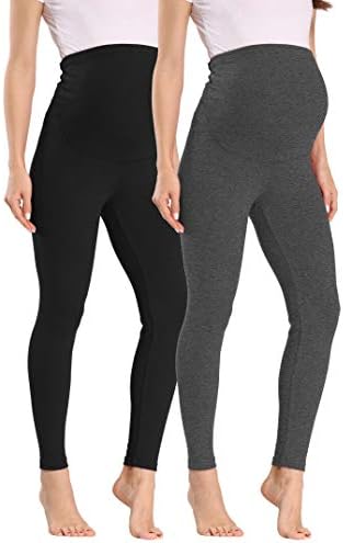 V VOCNI Women's Maternity Leggings Comfortable Maternity Cotton Leggings Full Ankle Length Pregnancy Black+Grey,US M/Tag 2XL