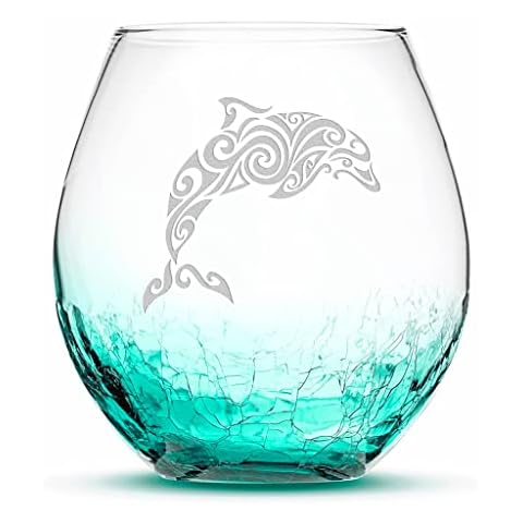 Integrity Bottles Tribal Dolphin Design Stemless Wine Glass, Handmade, Handblown, Hand Etched Gifts, Sand Carved, 18oz (Crackle Sea Foam Turquoise) Cover