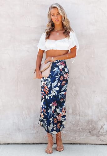 Image of HERBATOMIA Women's Floral Print Midi Skirt Casual High Elastic Waist Zipper Vintage Long Boho Skirts for Women