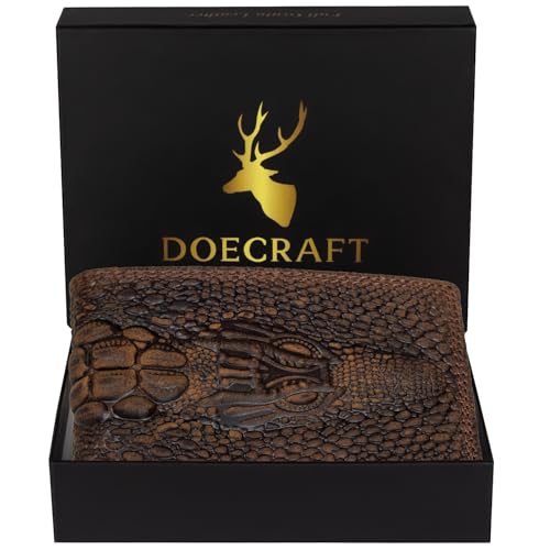 Image of Men's Top Grain Leather Wallet with Crocodile 3D Print | 8 Card Slots Bifold Wallet | RFID Protected (Brown)