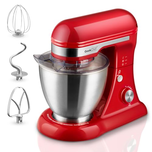 Geek Chef Electric Stand Mixer, 4.8QT 12 Speeds Tilt-head Food Mixer with Dough Hook, Whisk, Beater, Bowl, Rotary Knob for Home Kitchen Use, Bright Red