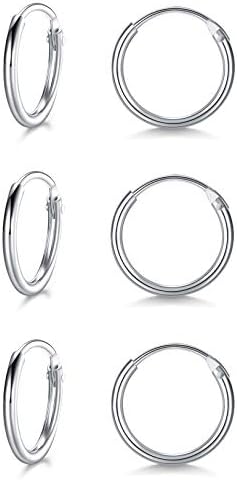 LYTOPTOP 3 Pairs Silver Hoops Earrings for Women S925 Sterling Silver Small Hypoallergenic Earrings Set Cartilage Nose Lip Rings for Men Girls, 8/10/12/14mm