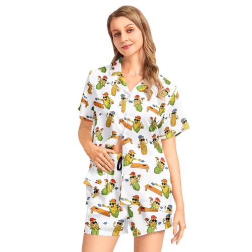 Image of Funny Satin Pajamas Set for Women Button Down Sleepwear Print Pjs Set 2 Piece Short Sleeve Loungewear Gift for Women