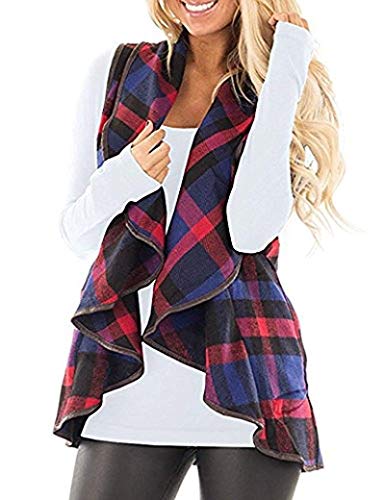 Oritina Sweater Vests for Women Turn Down Collar Casual Slash Hem Plaid Open Front Fall Sleeveless Cardigan Jacket with Pockets S