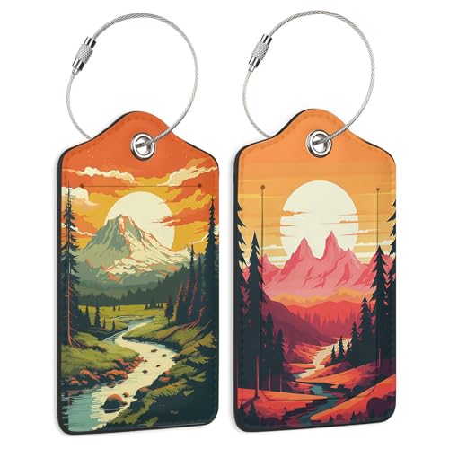 Vesavifaka 2 Stück Kofferanhänger Vintage Berg für Reisekoffer, Niedliche Einzigartige Leder Gepäckanhänger mit Sichtschutz ID Etiketten Stahlöse, Reise Zubehör für Schnelle Identifikation Koffer
