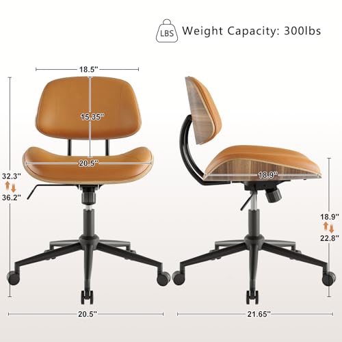 Image of Armless Office Chair with Wheels, PU Leather Adjustable Height Desk Chair - 360 Swivel Ergonomic Computer Chair for Small Space, Modern Walnut Style, Home & Meeting Room, Brown