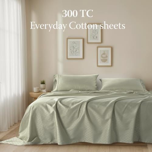 Image of Threadmill 300TC Cotton Queen Sheet Set, Sateen, Jacquard, Sage Green | 100% Cotton, Sateen Weave, Jacquard Pattern, 4-Piece Set, 16 inch Deep Pocket, All-Around Elastic, Cooling, OEKO-TEX Certified