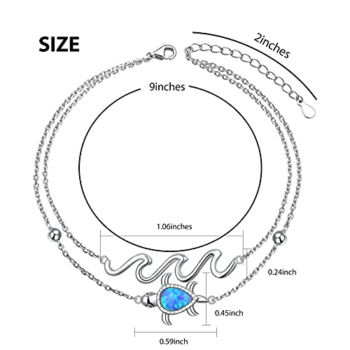 Flyow Created Blue Opal Sea Turtle Wave Anklets For Women 925 Sterling Silver Adjustable Foot Ocean Ankle Bracelet Jewelry 9 10 11 Inch #TOP6