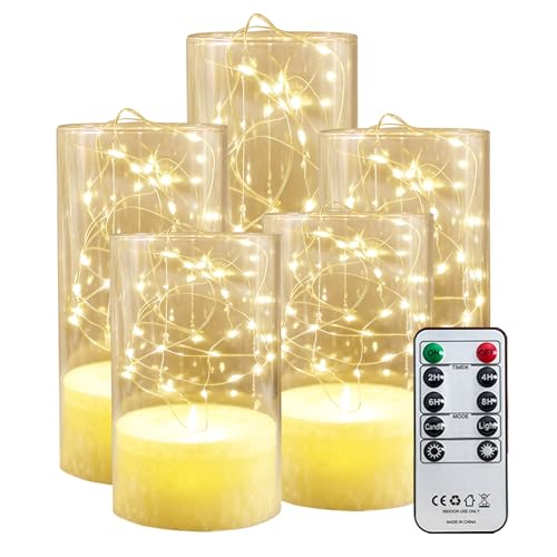 BougieS LEDS Avec Guirlande Lumineuse,Lot De 5 Bougies LED Sans Flamme Avec Télécommande,Bougie LED Avec Guirlande,Bougies A Piles Pour Intérieur Et Extérieur,Maison,Mariage