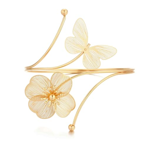 Image of Arm Cuff Jewellery for Women, Floral Armlet with Butterfly Design, Elegant Arm Bracelet for Weddings and Usually Occasions (Golden)