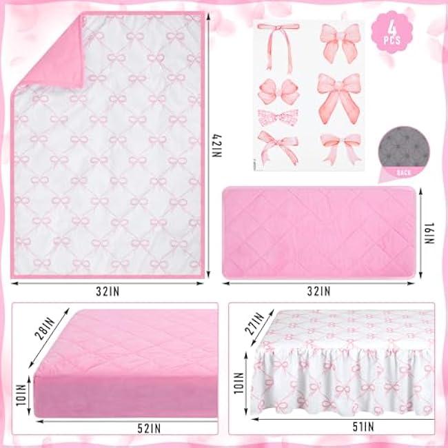 5 Pcs Pink Bow Theme Crib Bedding Set Include Bow Knot Print Crib Sheets Bed Skirt Comforter Pad Cover Wall Stickers for Girls Princess Nursery Room Decoration