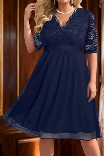 Image of Pinup Fashion Plus Size Lace Chiffon Wrap V Neck Dresses Women Cocktail Wedding Guest Midi Dress
