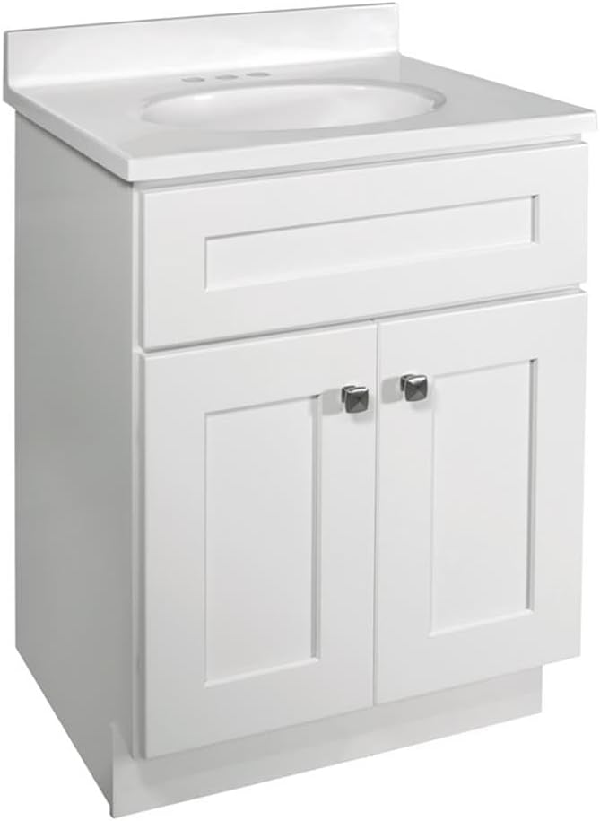 Pemberly Row 24" Wood Bathroom Vanity, White Finish, Shaker Style, Solid Wood Construction, Soft-Close Doors, Flush-to-Floor Design, Ready-to-Assemble, Fits 25"x19" Vanity Tops, Modern Bathroom