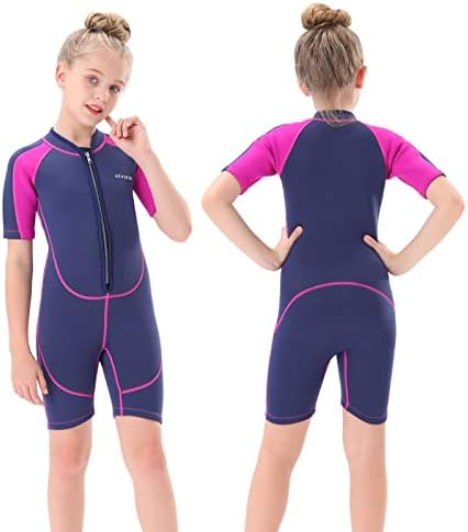 Kids Wetsuit, 2mm Neoprene Thermal Swimsuit Toddlers Girls Front Zipper Keep Warm Diving Surfing Swim Lessons (Girls, 8)