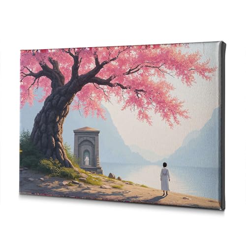 Impression sur toile lac et cerisiers en fleurs 40x60 cm pour salon