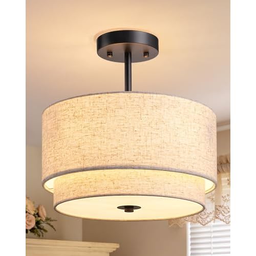 EDISHINE 12.6" Semi Flush Mount Ceiling Light, 3-Light Close to Ceiling Light Fixtures with Double Drum Linen Fabric Shade, Hallway Lights Fixtures for Living Room Entryway Kitchen, Matte Bl