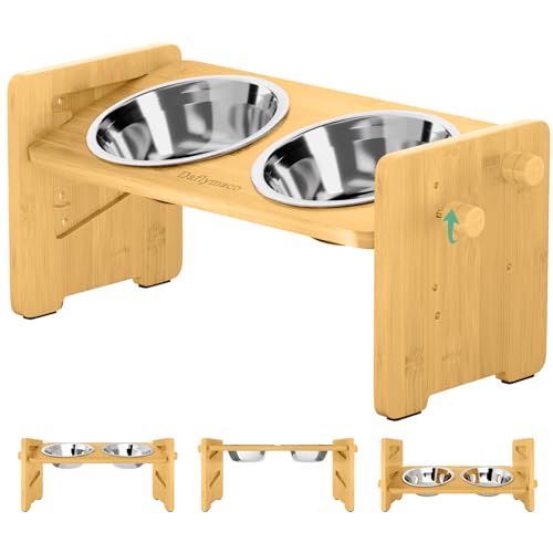 Elevated Dog Food and Water Bowls for Small Size Dogs and Cats - Adjustable Raised Dog Bowl with Stand, Durable Bamboo Dog Feeder with 2 Stainless Steel Bowls and Non-Slip Feet