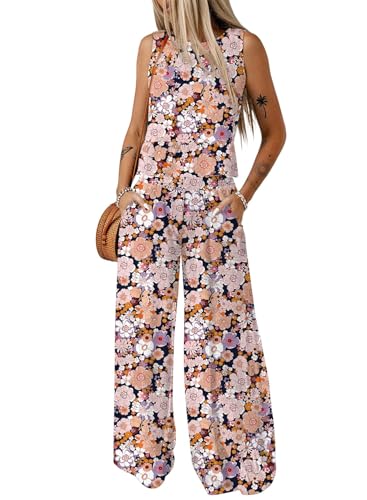 Image of Dokotoo Pants Sets Women 2 Piece Outfits Sleeveless Round Neck Tank Tops Matching Sets for Women Elastic Waist Wide Leg