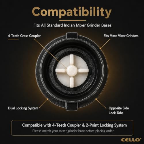 Image of CELLO Stainless Steel Chutney Jar 400ml for Mixer Grinder | Leak-Proof Lid | Food-Grade SS Body | 4 Teeth Compatible | Heavy Duty Grinding Jar for Chutney, Masala & Spices