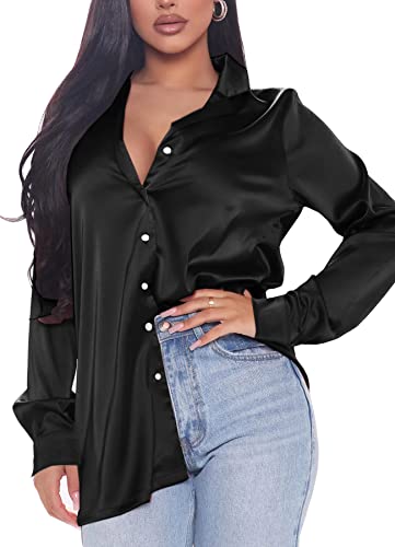 Navneet Blusa de Mujer Elegante de Satén Camisa Mujer Manga Larga Oficina Trabajo Casual Tops, A1 Negro, S Cover