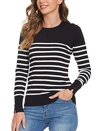 Image of Spicy Sandia Women's Long Sleeve Crewneck Sweaters Dressy Casual | Striped or Solid Available, Classic, Business Casual Tops for Office Work