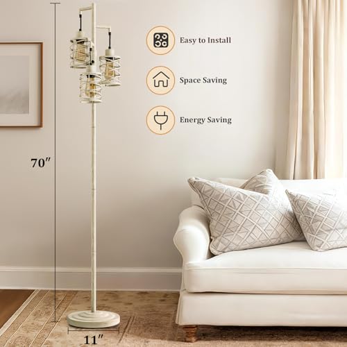 Image of Oneach 70 inch Industrial Floor Lamp, Stepless Dimmable Standing Lamp with 3 Bulbs, Farmhouse Corner Standing Tree Lamp for Living Room, Tall Lamps for Bedroom, Office, Dining Room, Antique Beige White