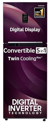 Image of Samsung 301 L, 2 Star, Convertible 5-in-1 Digital Inverter with Display Frost Free Double Door Refrigerator (RT34C45224R /HL, Rhythmic Twirl Red)