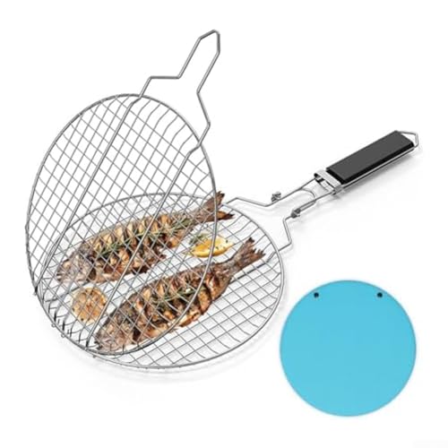 HpLive Double grille de barbecue ronde, en acier inoxydable, pliable, poignée amovible et verrouillable, pour barbecue en plein air, 55 x 28 x 1,8 cm