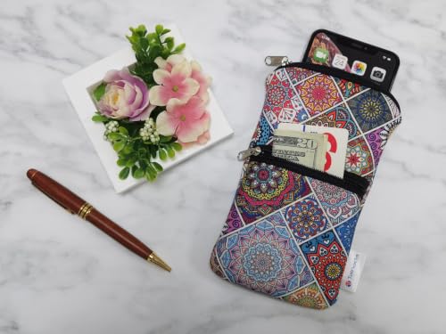 Image of Tainada Dual Zipper Neck Phone Holder Pouch w /Belt Loop (Bohemian Pattern) | For Men /Women; Water-resistant neoprene material, shockproof, lightweight, w /carabiner; Compatible with most of smartphones