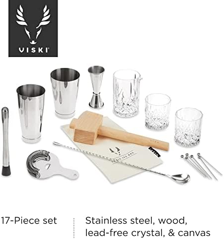 Viski Bartender Kit and Barware Set Includes Boston Cocktail Shakers, Mixing Glass, Jigger, Muddler, Strainer, Bar Spoon, Whiskey Glasses, Ice Bag, Mallet, and Cocktail Picks, Home Bar Gifts, 17-Piece - Thumbnail 3
