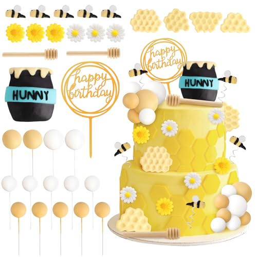 Hooqict 33 piezas de decoración de pastel de abeja con mini tarro de miel, panal, palitos de miel, decoración de pastel de abeja para niños y niñas, decoración de fiesta de cumpleaños de 1, 2 y 3