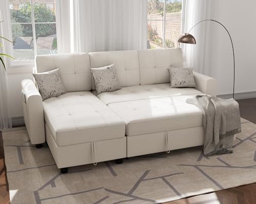 UcloveriaSectional Sofa Couch, Sleeper Sofa Bed with Reversible Storage Chaise Pull Out Couch Bed for Living Room L-Shape Lounge 2 in 1 Futon Sofa with Side Storage Bag, Beige