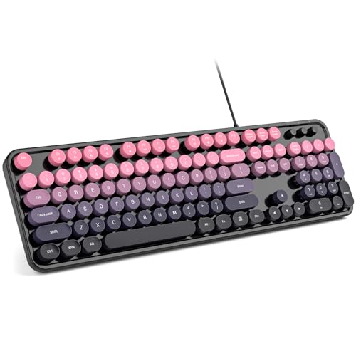 Image of MOWUX Computer Keyboard Wired, Plug and Play USB Retro Round Typewriter Keyboard, Full Size Wired Keyboard with Foldable Stands for Laptop and Office PC- Sea Blue Gradient