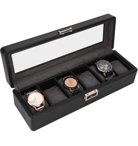 Image of House of Quirk 6 Slot Leather Watch Box Display Case Organizer Glass Jewelry Storage Watch Box 6 Compartments Glass (Black)