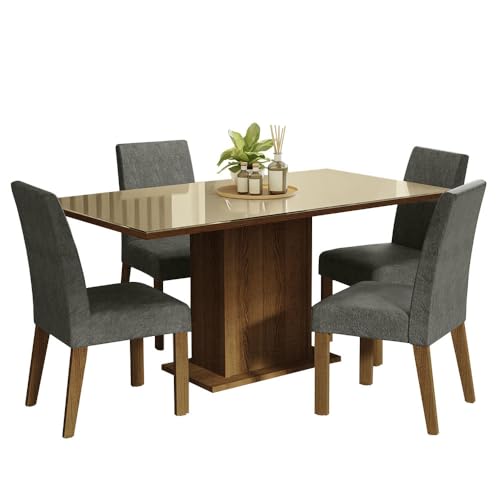 Image of Madesa 4 Seater Dining Set Rectangular Glass Table Top Sturdy Wooden with Fully Cushioned Seats 160 Cm for Dining Room and Kitchen - Brown /Beige /Grey