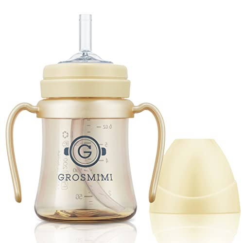 GROSMIMI Spill Proof no Spill Magic Sippy Cup with Straw with Handle for Baby and Toddlers, Customizable, PPSU, BPA Free 6 oz (Butter)