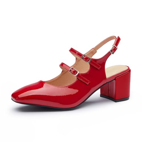 Mary Jane Shoes Slingback Chunky Heels for Women Closed Toe Double Strap Block Heel Pumps Retro Square Dress Shoes for Daily Party