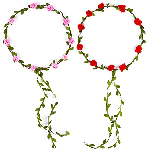 PLULON 2 Stück Blumenkrone Stirnband Frauen Girlande Stirnband Haar Blumenkranz Boho Kopfschmuck für Mädchen Hochzeit Festival Haarschmuck (Rot + Rosa) Cover