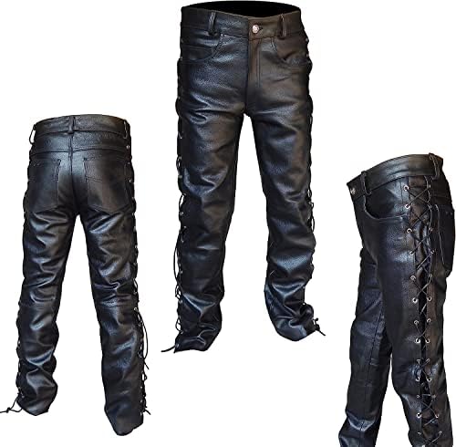 Leather Lovers Men Genuine Cowhide Leather Front & Back Side Laced Up Biker Casual Fashion Jeans Street Ryder Motorbike Pants (as1, Waist, Numeric_34, Regular, Side Laces Black)