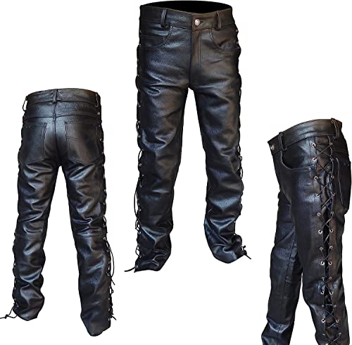 Leather Lovers Men Genuine Cowhide Leather Front & Back Side Laced Up Biker Casual Fashion Jeans Street Ryder Motorbike Pants (As1, Waist, Numeric_34, Regular, Side Laces Black) #TOP21