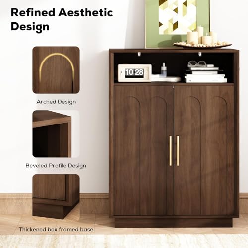 Image of Shoe Cabinet with Arched Doors, 43 inch Tall Large Hidden Shoe Storage Cabinet with Adjustable Shelves, 5-Tier Mid Century Modern Shoe Rack Organizer for Entryway Hallway Living Room, Walnut