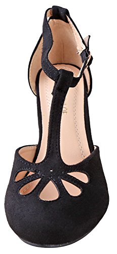 Chase & Chloe Kimmy-36 Women's Teardrop Cut Out T-Strap Mid Heel Dress Pumps (7, Black Nubuck)3